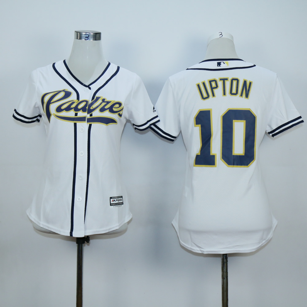 Women San Diego Padres #10 Upton White MLB Jerseys->women mlb jersey->Women Jersey